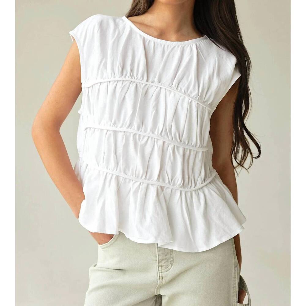 NEW CANDESCENT fresh start linen-blend ruched peplum top in white